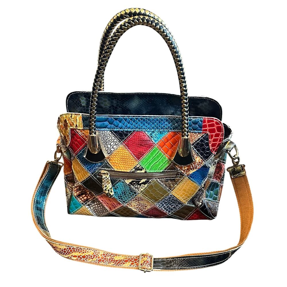 Vintage Leather Snake Blocks Patchwork Handbag Satchel Tote Shoulder Bag